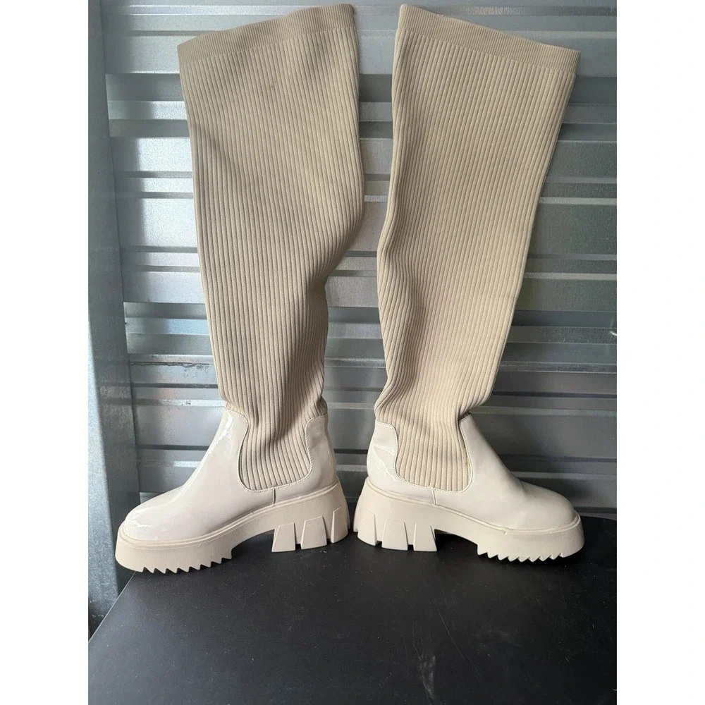 Fashion To Figure Knee High  Oatmilk Sock Boots Chunky Sz 9W Platform B-1